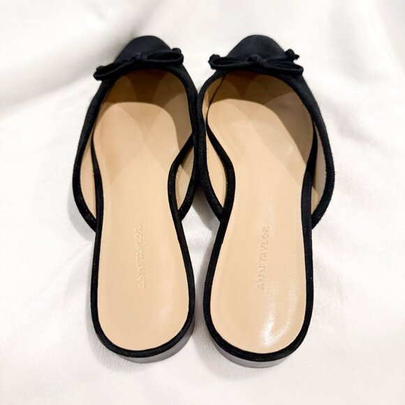 Ann Taylor Suede Leather Black Pointed Toe Flat Ballerina Mule Slides Bow 7 - Picture 3 of 10